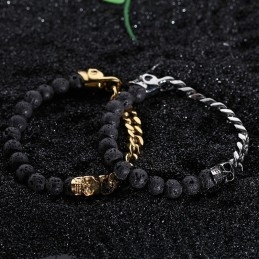 Pulseira De Titânio Com Contas De Pedra Vulcânica E Caveira De Buda