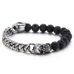 Pulseira De Titânio Com Contas De Pedra Vulcânica E Caveira De Buda