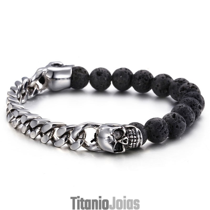Pulseira De Titânio Com Contas De Pedra Vulcânica E Caveira De Buda