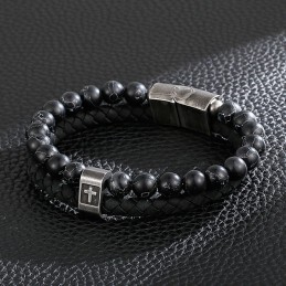 Pulseira De Titânio Turquesa Da Moda Masculina Com Cruz De Couro