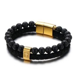 Pulseira De Titânio Turquesa Da Moda Masculina Com Cruz De Couro
