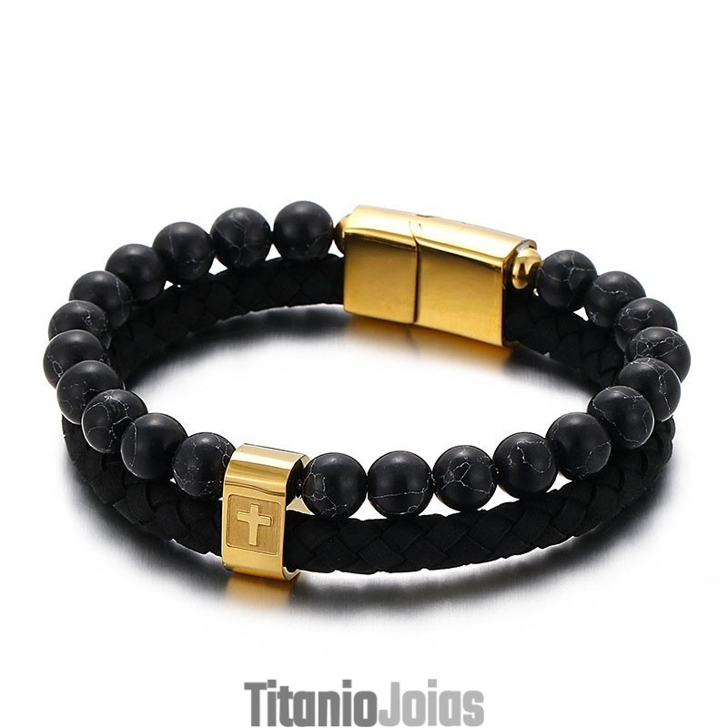 Pulseira De Titânio Turquesa Da Moda Masculina Com Cruz De Couro Pulseira De Titânio Turquesa Da Moda Masculina Com Cruz De Couro