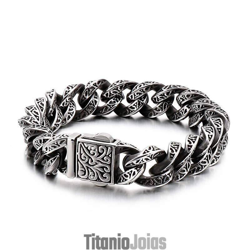Pulseira Masculina De Titânio Com Argolas Vintage E Caveiras Florais Pulseira Masculina De Titânio Com Argolas Vintage E Caveiras Florais
