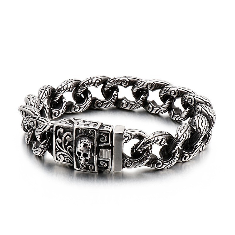 Pulseira Masculina De Titânio Com Argolas Vintage E Caveiras Florais Pulseira Masculina De Titânio Com Argolas Vintage E Caveiras Florais