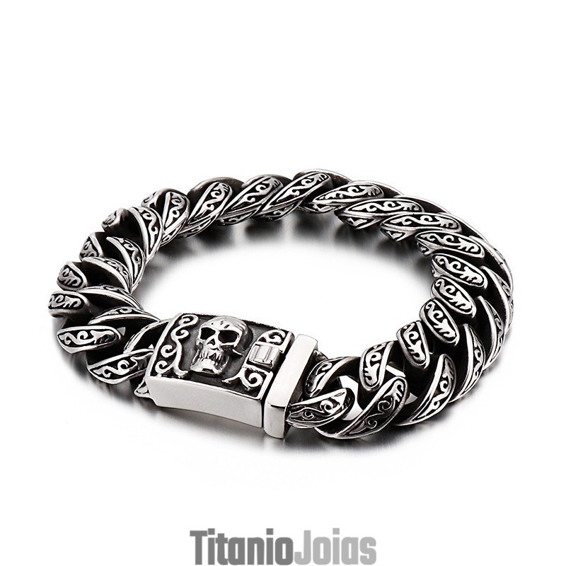 Pulseira De Titânio Com Caveira, Joia Estilosa Masculina De Titânio Pulseira De Titânio Com Caveira, Joia Estilosa Masculina De Titânio