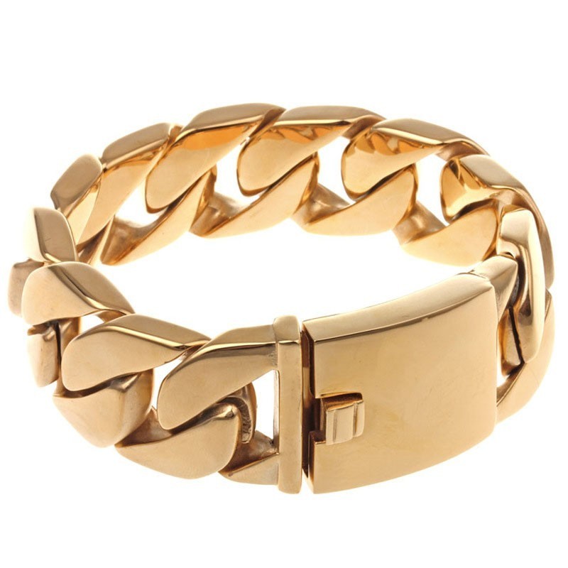 Pulseira Masculina De Titânio Cuba Grossa Hip Hop Trendy Pulseira Masculina Galvanizada De Ouro 18K