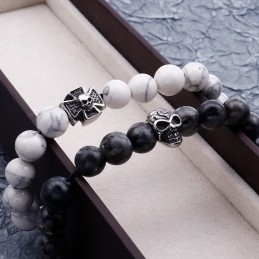 Pulseira De Contas Feita À Mão, Corda Elástica, Turquesa Branca, Titânio, Pulseira De Corda Com Caveira