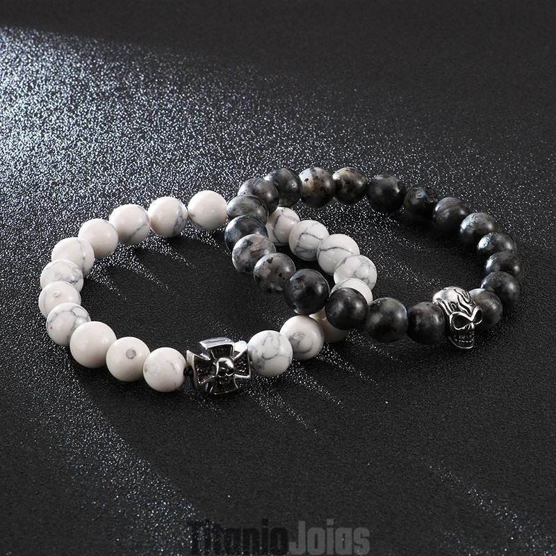 Pulseira De Contas Feita À Mão, Corda Elástica, Turquesa Branca, Titânio, Pulseira De Corda Com Caveira Pulseira De Contas Feita À Mão, Corda Elástica, Turquesa Branca, Titânio, Pulseira De Corda Com Caveira