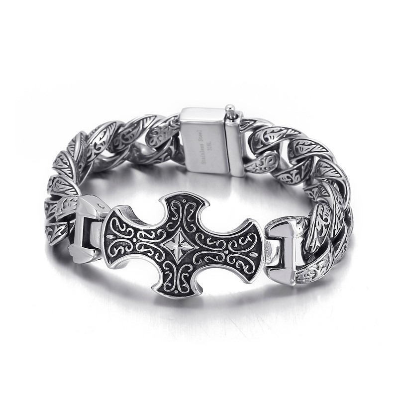 Pulseira Masculina De Titânio Com Padrão Vintage E Cruz Pulseira Masculina De Titânio Com Padrão Vintage E Cruz