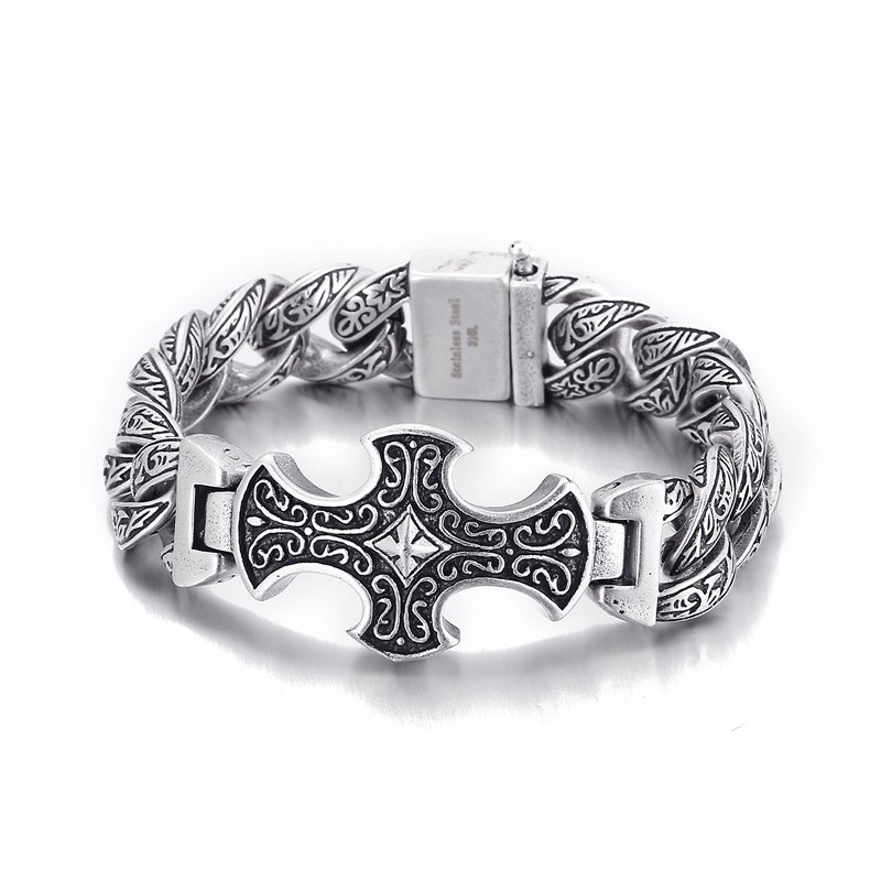 Pulseira Masculina De Titânio Com Cruz Floral Vintage Pulseira Masculina De Titânio Com Cruz Floral Vintage