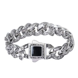 Pulseira Masculina Vintage Rosette Em Titânio Com Pedras Pretas