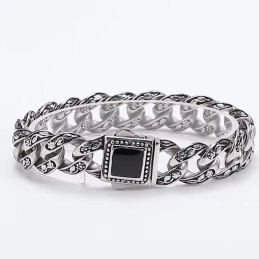 Pulseira Masculina Vintage Rosette Em Titânio Com Pedras Pretas