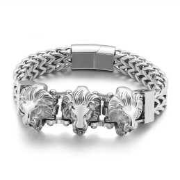 Pulseira Masculina De Titânio Com Caveira De Valentão E Cabeça De Lobo E Cabeça De Leão Em Lote Misto
