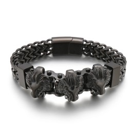 Pulseira Masculina De Titânio Com Caveira De Valentão E Cabeça De Lobo E Cabeça De Leão Em Lote Misto