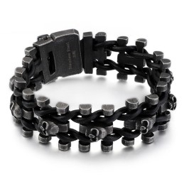 Pulseira De Couro Com Caveira Grossa E Retrô, Bracelete De Titânio Para Motociclista Masculino
