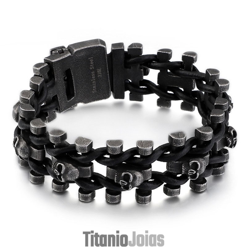 Pulseira De Couro Com Caveira Grossa E Retrô, Bracelete De Titânio Para Motociclista Masculino Pulseira De Couro Com Caveira Grossa E Retrô, Bracelete De Titânio Para Motociclista Masculino