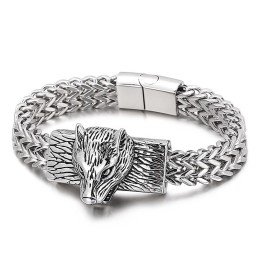 Pulseira Masculina De Titânio Com Cabeça De Lobo E Quilha De Fileira Dupla