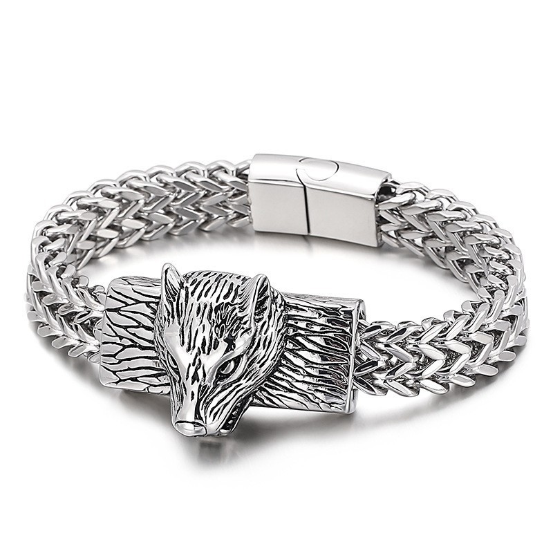 Pulseira Masculina De Titânio Com Cabeça De Lobo E Quilha De Fileira Dupla Pulseira Masculina De Titânio Com Cabeça De Lobo E Quilha De Fileira Dupla
