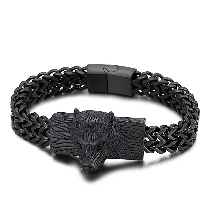 Pulseira Masculina De Titânio Com Cabeça De Lobo E Quilha De Fileira Dupla Pulseira Masculina De Titânio Com Cabeça De Lobo E Quilha De Fileira Dupla