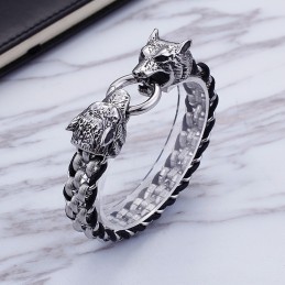 Pulseira De Titânio Com Fecho Duplo De Cabeça De Lobo Para Homens