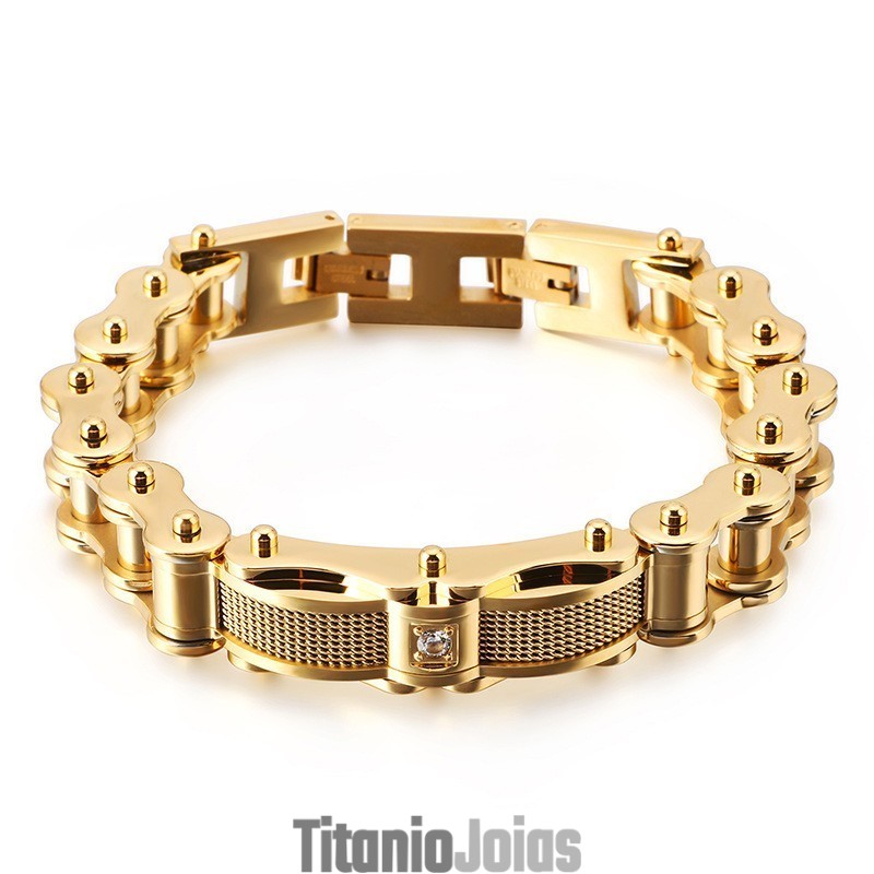 Pulseira Masculina Rock Biker Chain Titanium Com Diamante