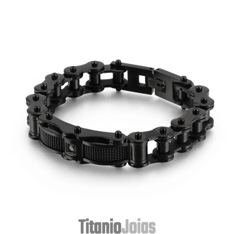 Pulseira Masculina Rock Biker Chain Titanium Com Diamante