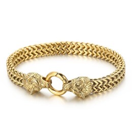 Pulseira Masculina Cool Rock Hip-Hop Com Cabeça De Lobo Dupla Em Titânio