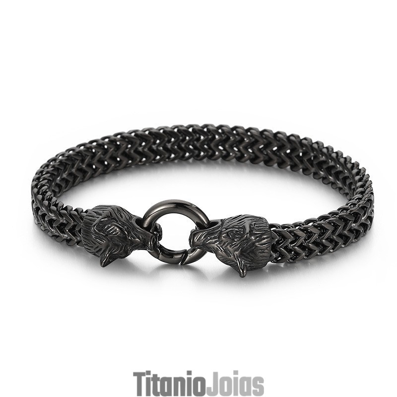 Pulseira De Titânio Com Cabeça De Lobo Dupla Estilo Hip-Hop Rock Cool Para Homens Pulseira De Titânio Com Cabeça De Lobo Dupla Estilo Hip-Hop Rock Cool Para Homens