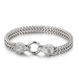 Pulseira Masculina De Titânio Com Cabeça De Lobo Duplo Estilo Rock Hip-Hop