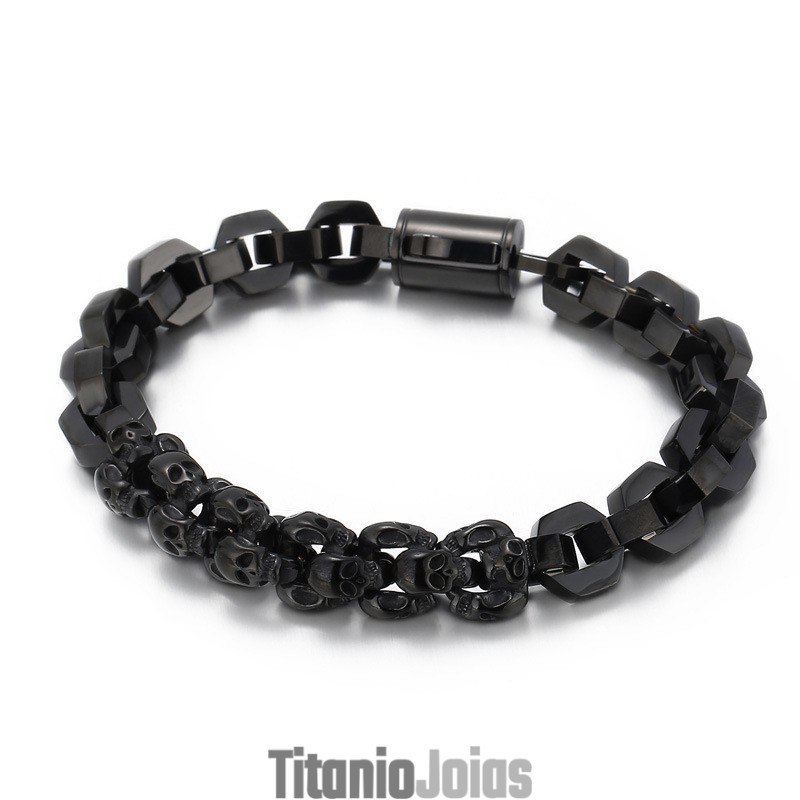 Pulseira Masculina De Titânio Banhada A Polígono Com Caveira Emendada