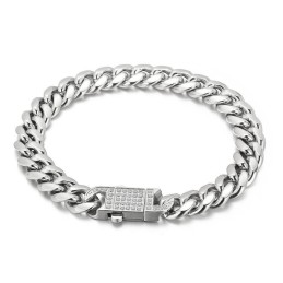 Colar Com Pulseira De Titânio Masculino Com Corrente Cubana E Diamantes
