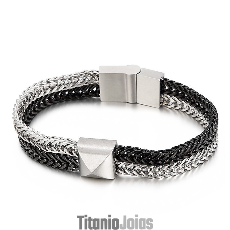 Pulseira Masculina De Titânio Com Corrente Trançada E Quilha Colorida De Dupla Camada Tide Hip-Hop Pulseira Masculina De Titânio Com Corrente Trançada E Quilha Colorida De Dupla Camada Tide Hip-Hop