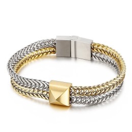 Pulseira Masculina De Titânio Com Corrente Trançada E Bloqueio De Cores Duplas Hipster Hip-Hop