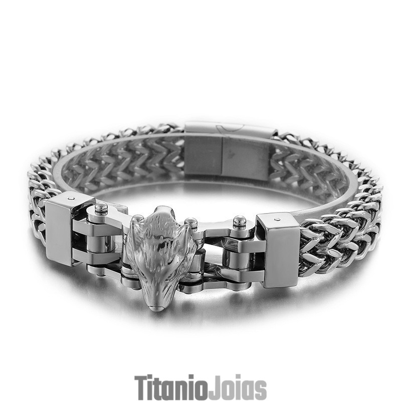 Pulseira De Titânio Masculina Com Cabeça De Lobo Pulseira De Titânio Masculina Com Cabeça De Lobo