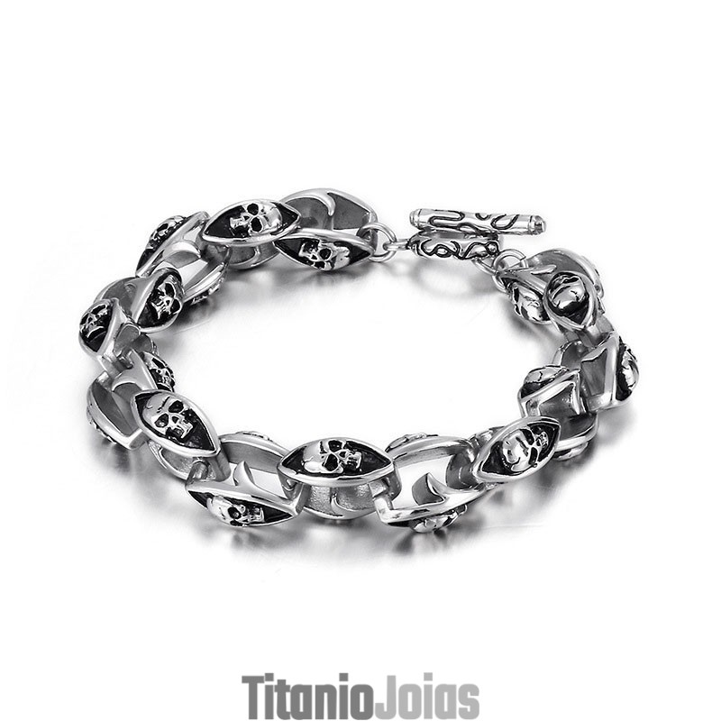 Pulseira Masculina De Titânio Estilo Rock Hip Hop Com Caveira Dupla Pulseira Masculina De Titânio Estilo Rock Hip Hop Com Caveira Dupla