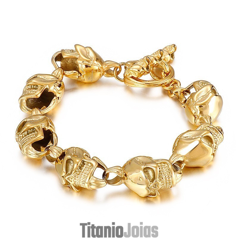 Pulseira Masculina De Titânio Com Caveira Dourada Estilo Chique Pulseira Masculina De Titânio Com Caveira Dourada Estilo Chique