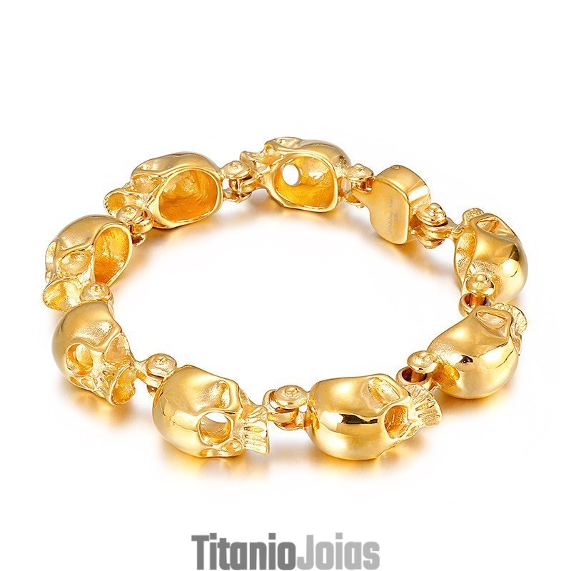 Pulseira De Titânio Com Caveira Dourada Estilo Chique Para Homens Pulseira De Titânio Com Caveira Dourada Estilo Chique Para Homens