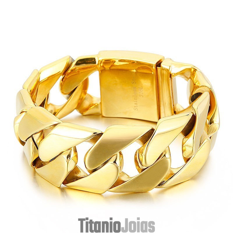 Pulseira Hip Hop De Titânio Com 31Mm De Largura E Ouro Da Moda