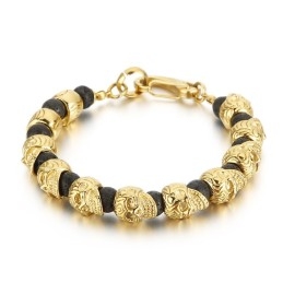 Pulseira De Caveira De Titânio Masculina Com Pedra Vulcânica E Olho De Tigre