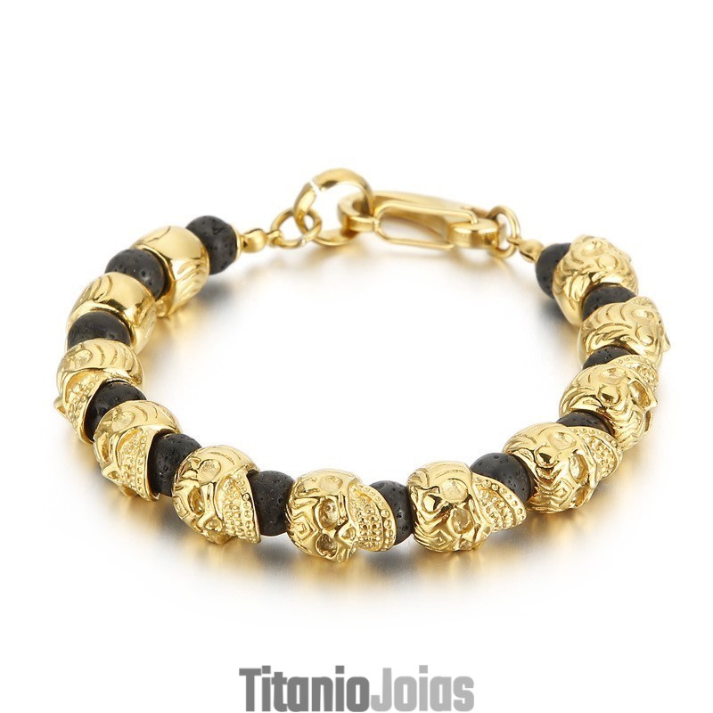 Pulseira De Caveira De Titânio Masculina Com Pedra Vulcânica E Olho De Tigre Pulseira De Caveira De Titânio Masculina Com Pedra Vulcânica E Olho De Tigre