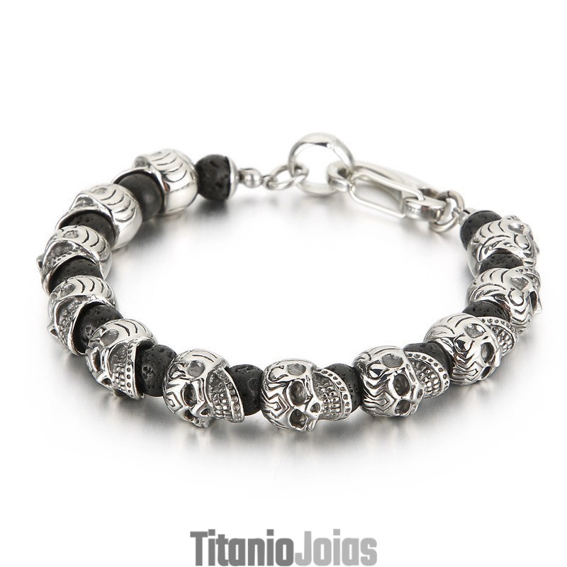 Pulseira De Caveira De Titânio Com Pedra Vulcânica De Olho De Tigre, Pulseira Masculina