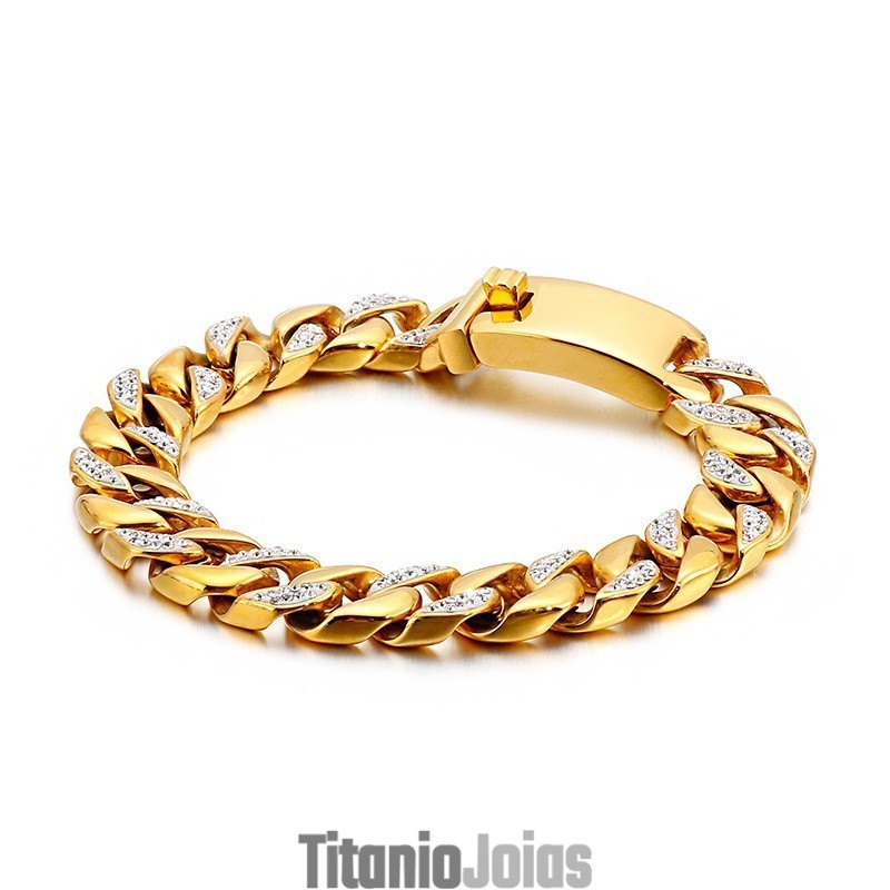 Pulseira Masculina De Titânio Com Diamantes E Joias Estilo Hip Hop Em Ouro 19K Pulseira Masculina De Titânio Com Diamantes E Joias Estilo Hip Hop Em Ouro 19K