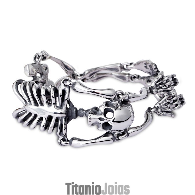 Pulseira De Titânio Vintage Exagerada Com Caveira E Ossos Para Homens Pulseira De Titânio Vintage Exagerada Com Caveira E Ossos Para Homens