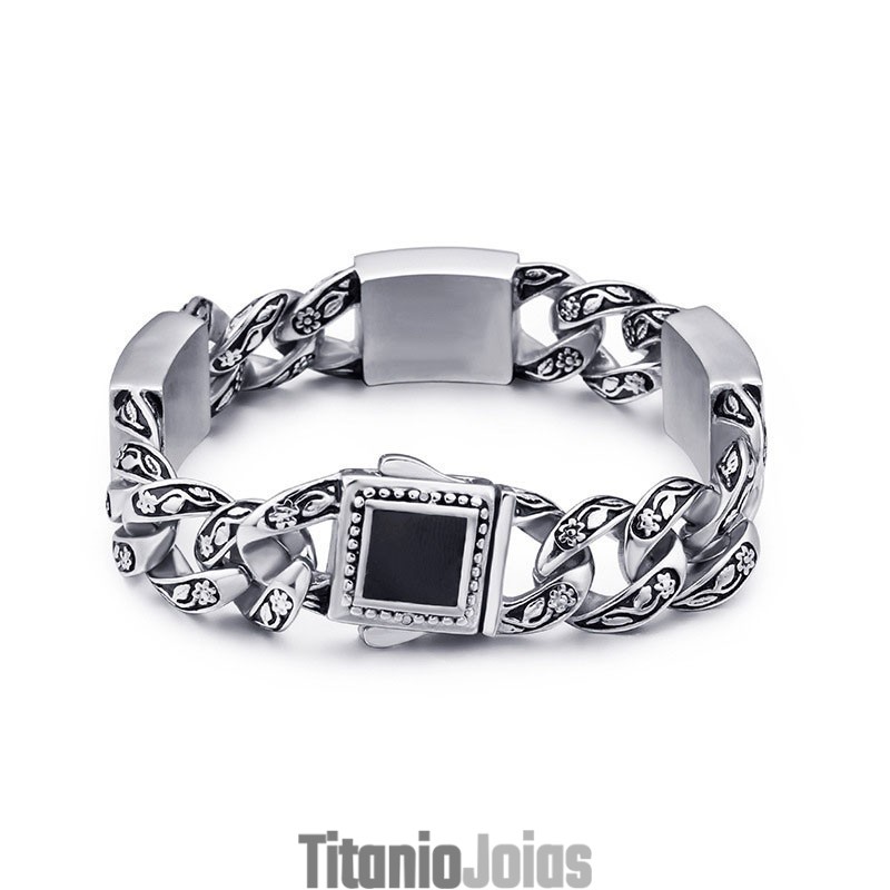 Pulseira Masculina De Titânio Com Padrão Floral E Fecho De Diamante, Estilo Hip-Hop Vintage Pulseira Masculina De Titânio Com Padrão Floral E Fecho De Diamante, Estilo Hip-Hop Vintage