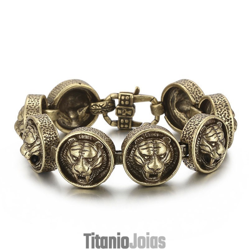 Pulseira Vintage De Titânio Redonda Com Cabeça De Tigre Para Homens Pulseira Vintage De Titânio Redonda Com Cabeça De Tigre Para Homens