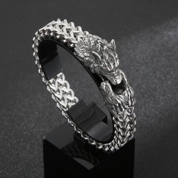 Pulseira Masculina De Titânio Com Cabeça De Lobo Dupla