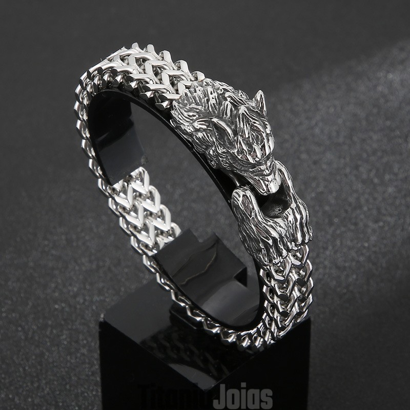 Pulseira Masculina De Titânio Com Cabeça De Lobo Dupla Pulseira Masculina De Titânio Com Cabeça De Lobo Dupla