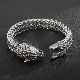 Pulseira Masculina De Titânio Com Cabeça De Lobo Dupla