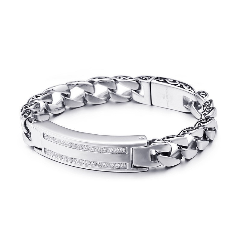 Pulseira Masculina De Titânio Vintage Com Quilha E Pedras Brancas