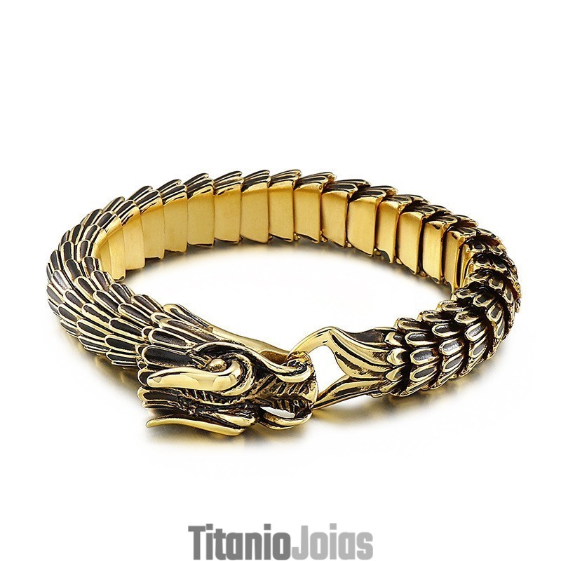 Pulseira De Titânio Com Dragão Dourado E Revestimento De Rua Hip-Hop Para Homens Pulseira De Titânio Com Dragão Dourado E Revestimento De Rua Hip-Hop Para Homens